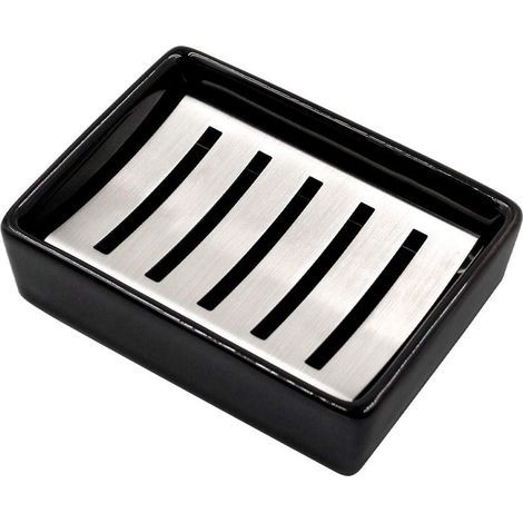 Porte savon en céramique et acier inoxydable 304, double couche, auto drainant, économiseur de savon durable, facile à nettoyer, pour salle de bain (noir) (1/5)
