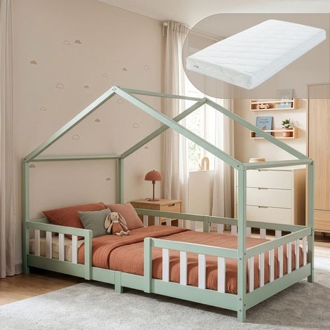 Letto per Cameretta Treviolo a Forma di Casetta in Stile Montessori con Materasso 120x200 cm - Menta Verde/Bianco [en.casa] (1/5)