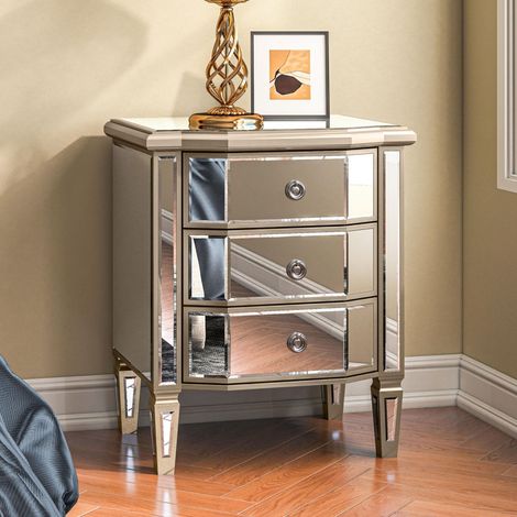 Table de Chevet Vintage avec Miroir, 3 Tiroirs, MDF et Verre, Finition Argentée, 60 x 50 x 40 cm, Bright White (1/5)
