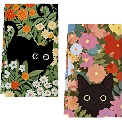 Lot de 2 Torchons de Cuisine en Microfibre, Torchons de Cuisine avec Motif de Chats et de Fleurs, Doux (1/5)