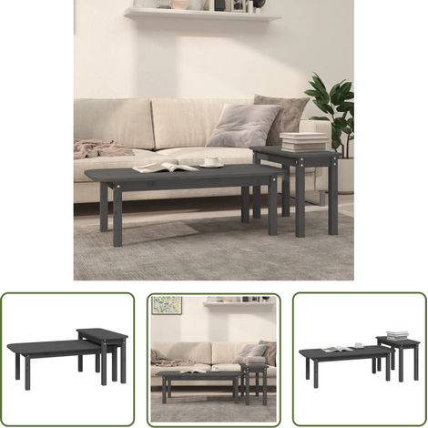 The Living Store 2-tlg. Couchtisch-Set Grau Massivholz Kiefer - Holz Couchtisch - Kiefernholzmöbel - Couchtisch Set - Wohnzimmerdeko - Side Table (1/5)