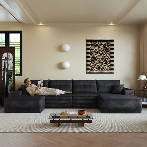 Canapé d'angle L modulaire 340 cm avec méridienne, assise profonde, sofa moderne sans montage, noir (1/5)