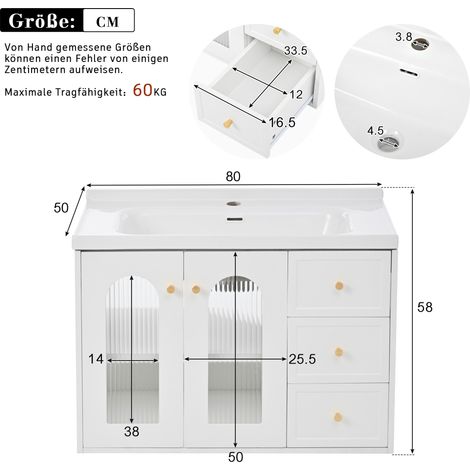 Meuble vasque suspendu 80 cm avec lavabo céramique, placard salle de bain multifonction en panneau MDF, grand rangement : 2 tiroirs + armoire à porte vitrée semi-transparente avec étagères réglables. (1/5)