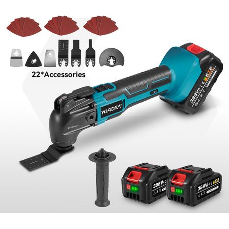 Herramienta oscilante multifunción, 6 velocidades ajustables, con 22 accesorios, ángulo de oscilación de 4°, con dos baterías de 388vf