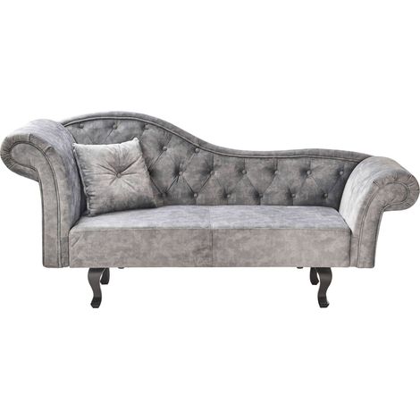 Chaise Longue Grey Velvet Button Tufted Upholstery Left Hand with Cushion Retro Traditional Style Easy Clean Pet Friendly LATTES II