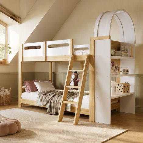 Litera infantil 90x200 cm con estantería de 3 niveles, blanco y natural HAVRYA (1/5)