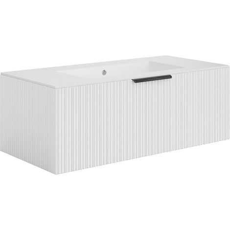 Meuble de salle de bain suspendu strié avec vasque à encastrer - Coloris blanc - 100 cm - PALIRO (1/4)
