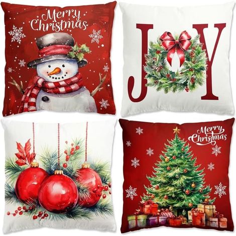 Rouge Housse Coussin Noel - 4pcs Decoration Noel Interieur Maison Housse Coussin Noel 45x45, Taies D'oreiller de Noël en Lin pour Chambre, Canapé, Christmas Decoration, Décoration Noel Intérieur (1/5)