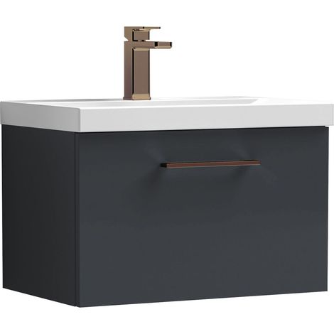 Balterley 600mm Wall Hung Bathroom 1 Drawer Vanity Unit and 1 Tap Hole Ceramic Basin, Satin Dark Grey with Brushed Bronze Handle (1/5)