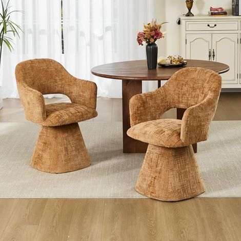 Wahson Esszimmersthl 2er Set aus Chenille, Moderner Drehstuhl mit Ausschnitt-Lehne, Polsterstuhl mit Armlehnen, Hellbraun