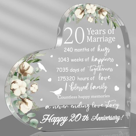 Plaque cœur acrylique souvenir mariage Cadeau anniversaire de mariage 20 ans pour femme, épouse, mari, couple Noces de porcelaine – Style 20ᵉ année