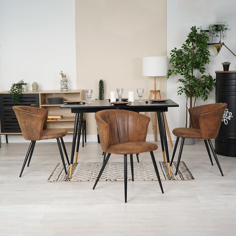 Meuble Cosy Ensemble Table à Manger Extensible avec 4 Chaises en Suédine, Style Industriel, Design Élégant et Confortable, Noir + Or + Marron (1/5)