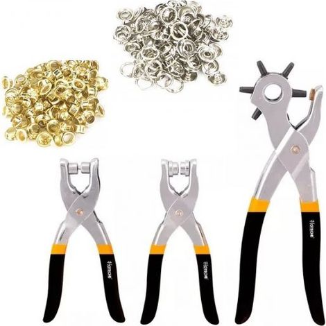 Set 3 Pinze Fustellatrice Cuoio Occhiellatrice Perforatrice con 100 Occhielli e Bottoni