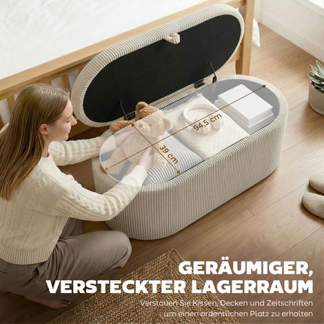 Pouf coffre en velours côtelé beige avec coussin rembourré, banc de lit 105x51x49 cm
