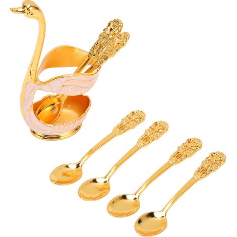 Lot de 6 cuillères à café en aluminium avec porte-socle cygne, pour dessert, glace et thé. (1/5)