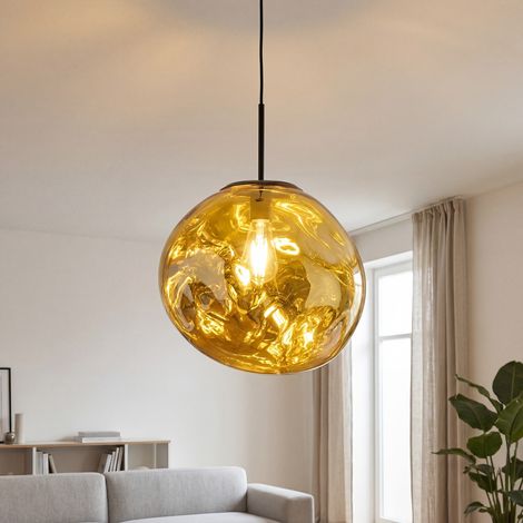 Pendelleuchte Glas B: 36 cm H: max. 138 cm mundgeblasen spiegelnd Gelb Modern E27 Hängelampe