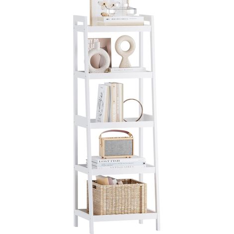 Bibliothèque échelle en Bambou, 4 Niveaux et 5 Niveaux Présentoir de Plantes autoportant Étagères économiseurs d’Espace pour Chambre, Cuisine, Balcon (Blanc, 5 Niveaux (127cm H)) (1/5)