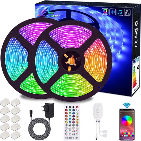 Ruban LED Bluetooth, Bande LED 2x5M(10M) 5050 RGB, Contrôlé par APP du Smartphone Android et IOS, avec Récepteur Bluetooth, Alimentation 12V, Télécommande IR, pour Décoration Chambre Noël (1/5)