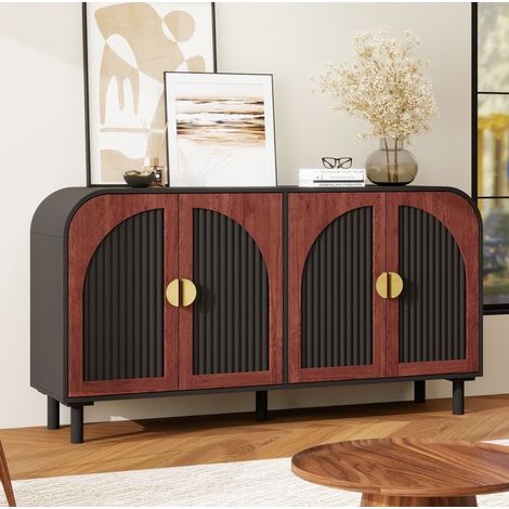 Sideboard aus Spanplatte in Schwarz und Dunkelnuss 150x40x80 cm, 4 Türen, verstellbare Einlegeböden, Soft-Close (1/5)