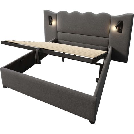 Doppelbett 160x200 cm aus grauem Leinen mit Leselampe, USB-C und Stauraum (1/5)