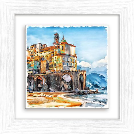 Lupia - Quadro moderno con paesaggi e localismi italiani, Ceramica e Stampa Rilievo, Cornice Legno Shabby Modern bianca, Decorazione Parete, Quadretti Soggiorno, 29x29 cm, NAPOLI PORTOFINO SPIAGGIA (1/4)