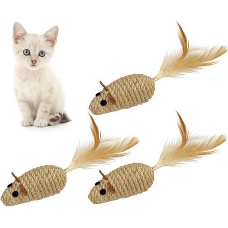 Ratones de juguete para gatos, cuerda de lino, pelo de gallina, arena y arena, divertido ratón de juguete para gatos, paquete de 3 piezas (1/5)