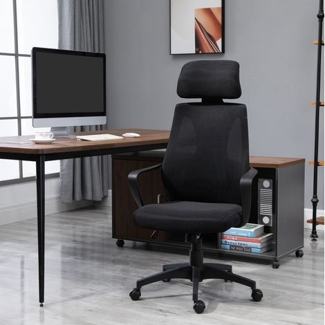 Bürostuhl 65x65x114-124 cm Schwarz Polyester mit Netzrückenlehne, Wippfunktion und verstellbarer Kopfstütze (1/5)