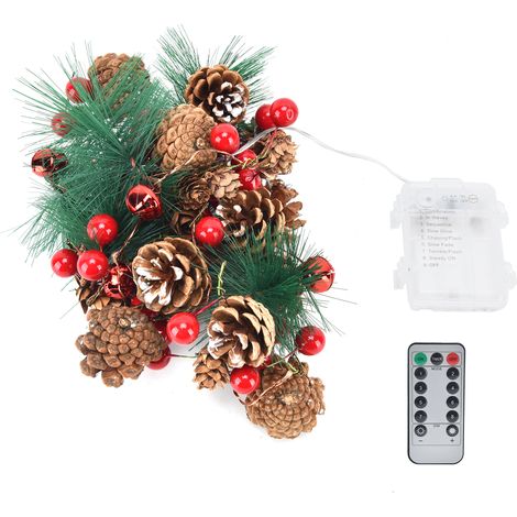 Guirlande lumineuse 2m 20LEDs 8 modes d'éclairage lumière chaude avec piles minuterie intégrée décorations de Noël cône de pin cloche pour intérieur et extérieur