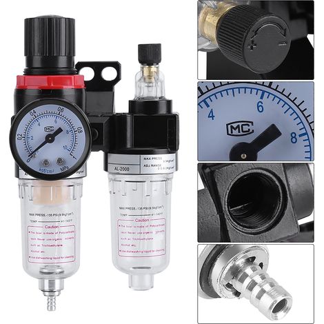 Regulateur Filtre Lubrificateur Air 1/4" + Black/Transparent Metal/Plastic, Filtre 40μm, 0.05-0.85 MPa, Pour Compresseur & Outils Pneumatiques (1/5)
