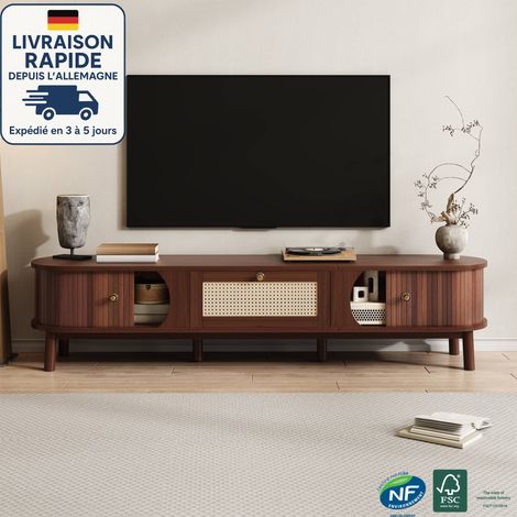 Modfu – Meuble TV 170x39,5x38cm – 1 tiroir et 2 portes – Design rotin et bois massif – Convient pour TV 60 pouces – Couleur noyer (1/5)