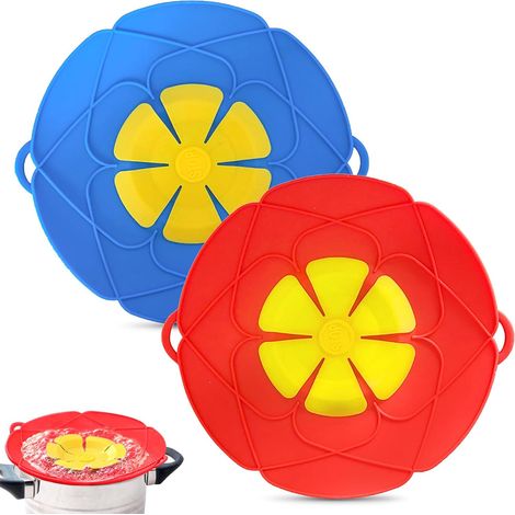 Sollbry Juego de 2 tapones antiderrames de silicona para ollas y sartenes, color azul y rojo (1/5)