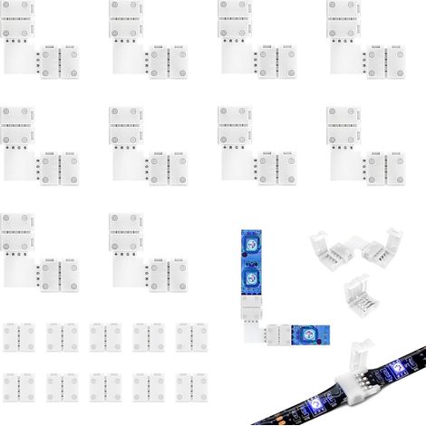 20 Pièces Connecteurs Ruban LED 4 Broches, 10 Rapide Bande LED 10 Forme de L pour Bande LED RGB 5050 10mm, Connecteurs Sans Soudure pour Coins et Angles, Installation de Bande Lumineuse Multicolore (1/5)