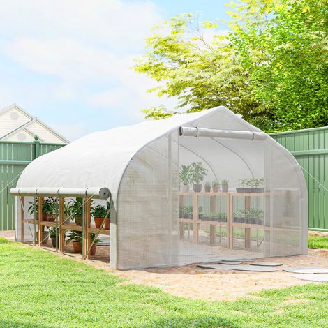 Serre Tunnel de Jardin 12m² (400x200x200cm) - Porte + 8 Fenêtres, Bâche PE 140g/m², Blanc