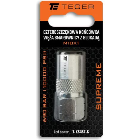 Nipplo per tubo flessibile per ingrassatore a quattro ganasce con bloccaggio M10x1. 690 BAR (10.000 PSI) Supreme teger