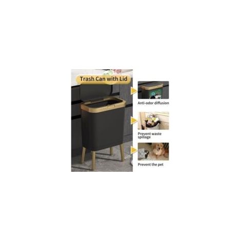 Poubelle de bureau avec couvercle, poubelle de salle de bain noire avec bord doré, poubelle moderne étroite avec pieds 4 gallons