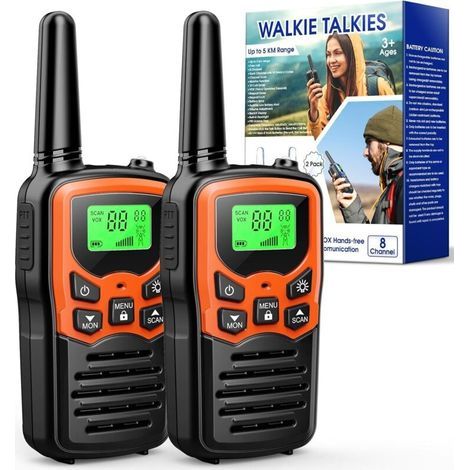 2 Stück Walkie-Talkies mit großer Reichweite (8 km), Campingzubehör, Walkie-Talkies für Erwachsene und Kinder, Funkgeräte für die Jagd mit LED-Hintergrundbeleuchtung und Taschenlampe (Orange) (1/5)