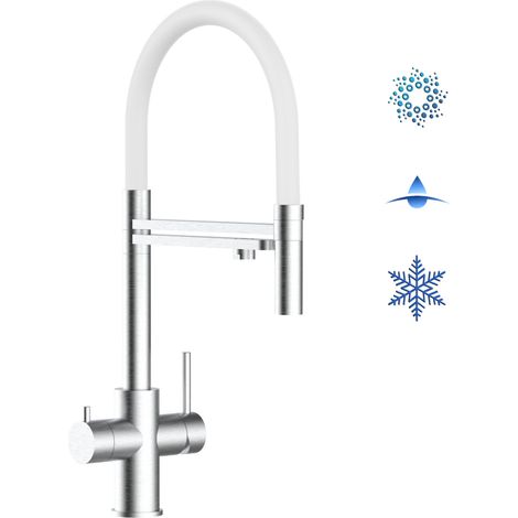 Rubinetto 5 vie miscelatore lavello cucina in Acciaio INOX Spazzolato - canna bianca movibile e doccia 2 getti staccabile - ACCIAIO CHIRURGICO AISI 316 (1/5)