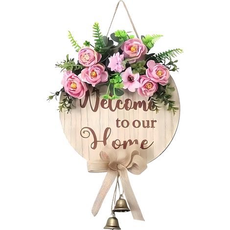 Panneau Porte Coeur - Décor Porte Extérieur Intérieur - Bois Rustique - Avec Clochette et Fleurs Artificielles - 50 x 28 cm - 1 Pièce (1/5)