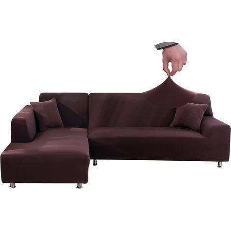 Housse de Canapé d'angle Extensible 2 Pieces, Housse de Canapé Élastique en Forme de L, Revêtement de Canapé Universel Lavable, Couverture pour Canapé(2 Places+3 Places,Café) (1/5)
