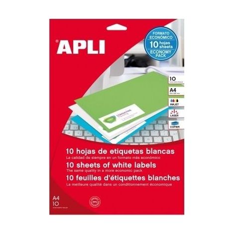 CAJA DE ETIQUETAS ADHESIVAS APLI PARA INKJET LASER FOTOCOPIADORAS A4 10 HOJAS 12927