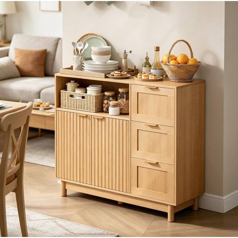 Credenza effetto legno 90 x 35 x 80 cm con 3 cassetti e ante, DESVIAE (1/5)