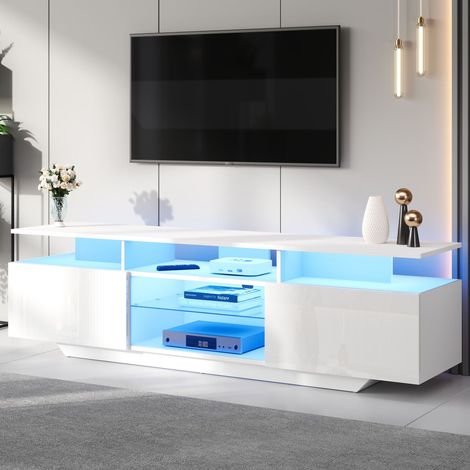 Meuble TV 160x40x45 cm blanc avec LED contrôlée par application, meuble TV haut brillant avec 2 portes, étagères en verre trempé et rangements pour TV jusqu'à 70 pouces (1/5)