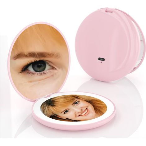 Mini-Make-up-Spiegel, 10-fache Vergrößerung, kompakter kleiner doppelseitiger runder Spiegel, LED-Leuchten, tragbares Kosmetik-Werkzeug für Frauen, UK15, Pink