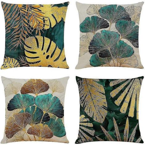 Lot de 4 housses de coussin décoratives à motifs de feuilles vertes et dorées, 45 x 45 cm, en lin, motif coussin carré. (1/5)