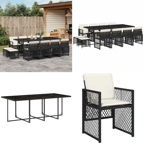Set comedor de jardín con cojines 13 pzas ratán sintético negro - Sillas de jardín - Cojines para sillas