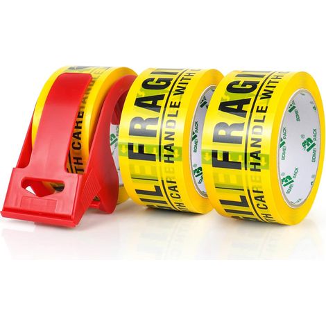 FRAGILE Yellow Security Packing Tape 66m x 48mm - 3 Rolls with Dispenser Strong Adhesive for Parcel, Warehouse, E-Commerce (1/5)