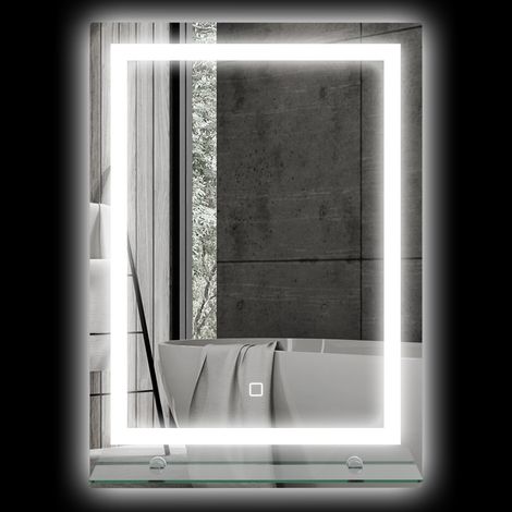 Miroir LED salle de bain 50x70 cm argent – intensité réglable, antibuée, interrupteur tactile, avec étagère