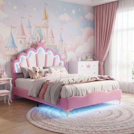 Prinzessinnenbett 140x190 cm mit Lattenrost - Wolken-Kopfteil & Krone mit LED-Beleuchtung - Kunstleder Rosa - höhenverstellbar