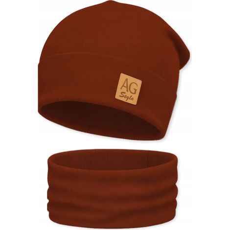 Set composto da cappello e scaldacollo per uomo e donna, a due strati, color bordeaux caldo. (1/5)