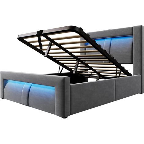 Cama 90x200 cm con almacenaje, elevación hidráulica, LED, USB-C, terciopelo gris (1/5)